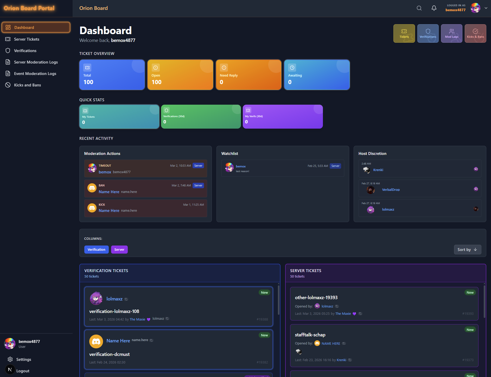 Orion Board dashboard overview