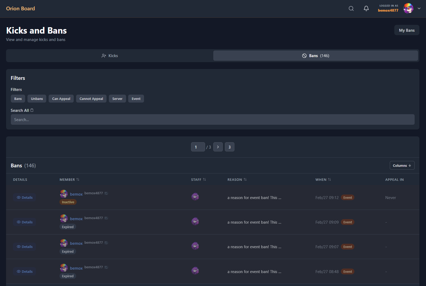 Kicks and Bans page with filters