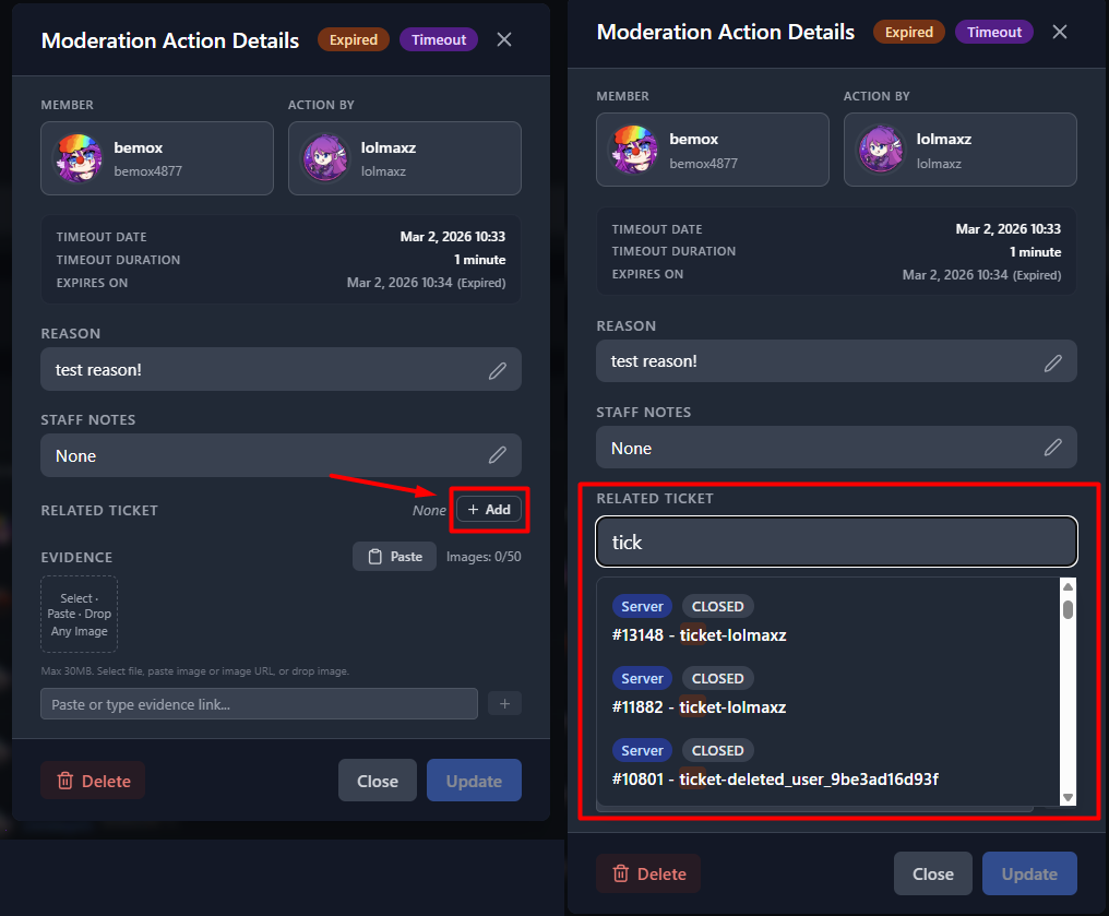 Linking a related ticket to a moderation action