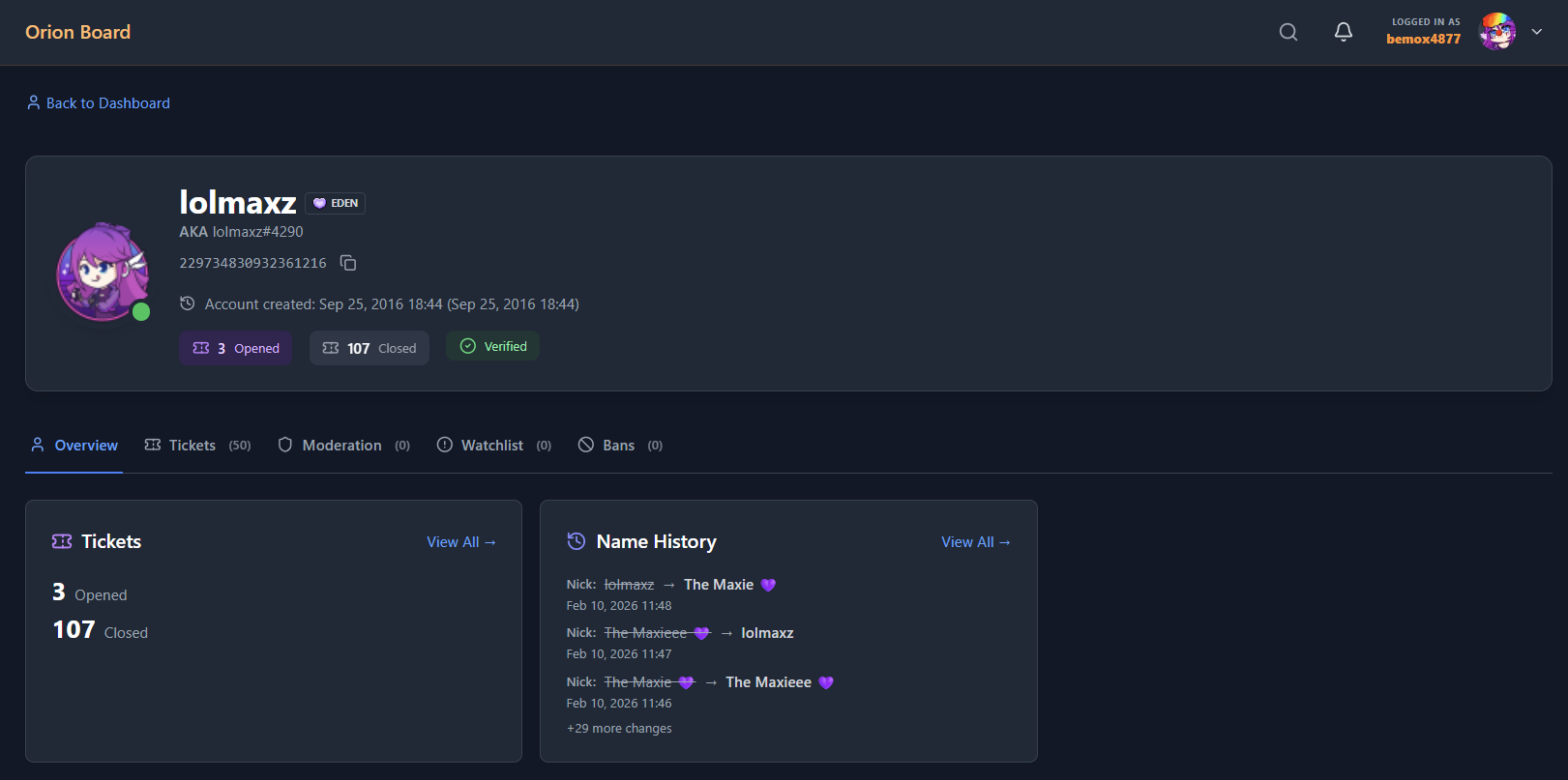 Member profile page with Overview, Tickets, Moderation tabs