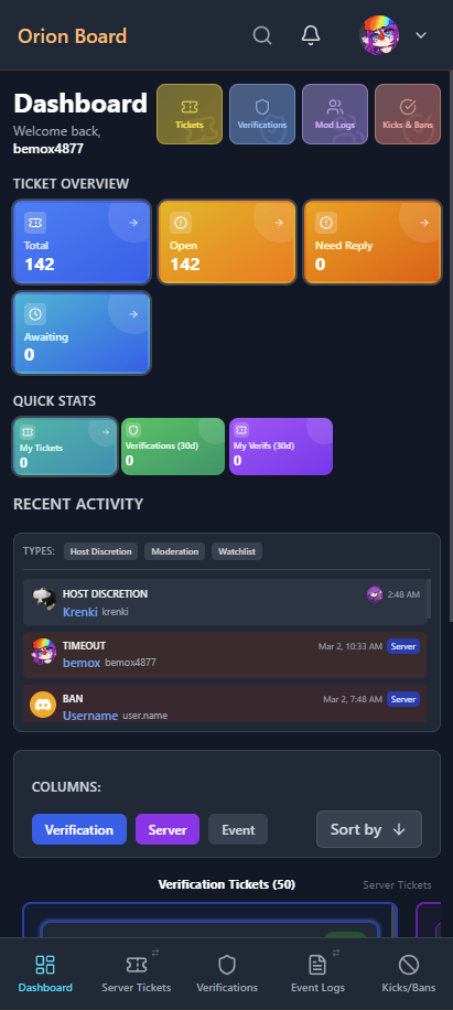 Orion Board mobile view example