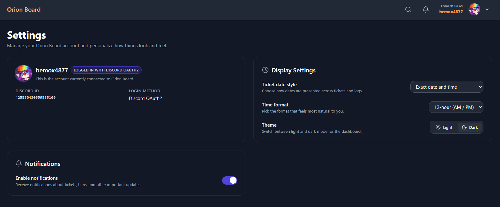Orion Board Settings page