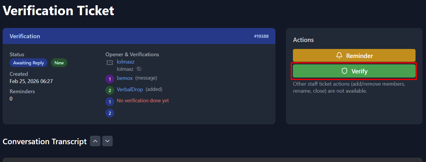 Verification ticket page with Verify button