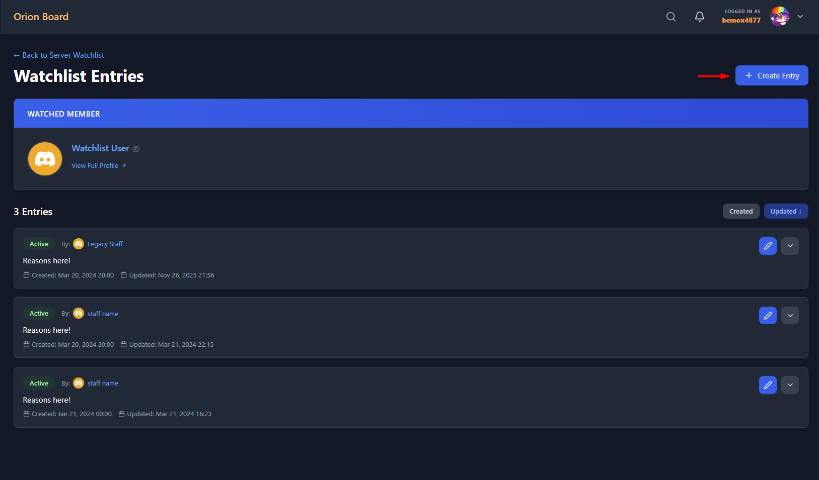 Watchlist Entries page with Create Entry button